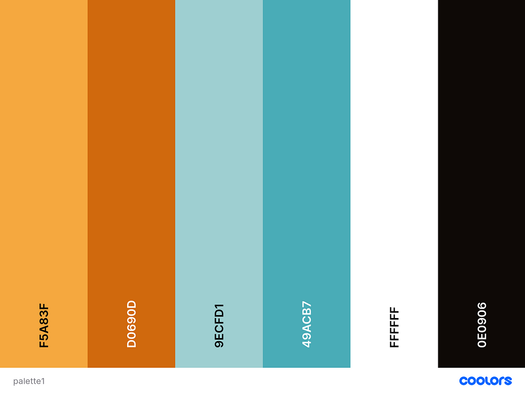a color palette including (left to right): bright orange, burnt orange, light turquoise, turquoise, white, and soft black