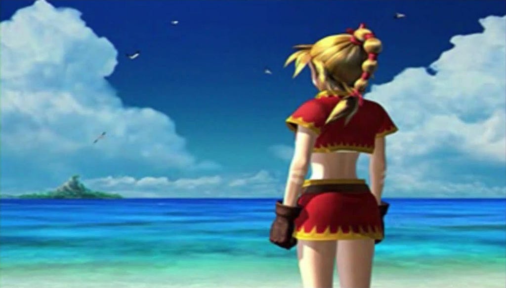 A screenshot of the opening cinematic in Chrono Cross showing Kid looking out at the ocean.