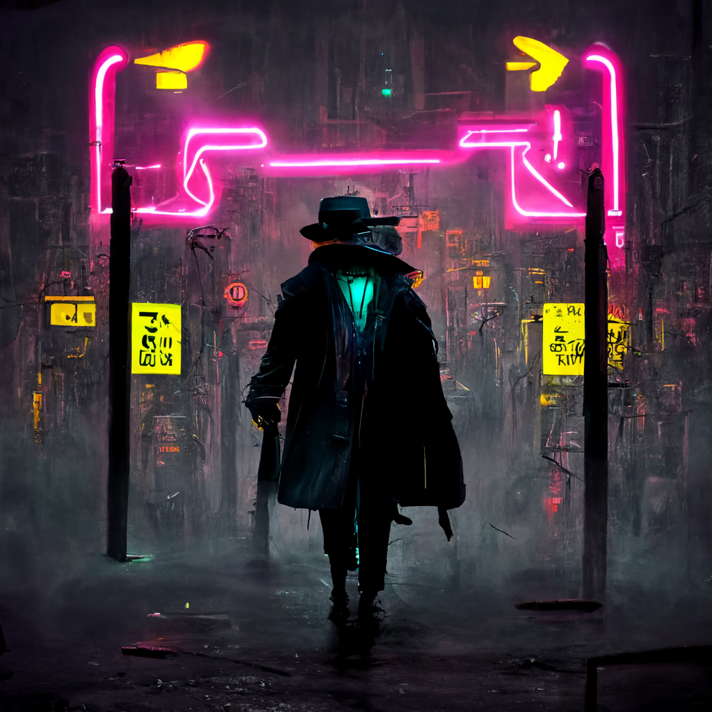 Mysterious man with a trench coat and fedora hat walking through a dark gritty street in the cyberpunk world with neon street signs illuminating the background