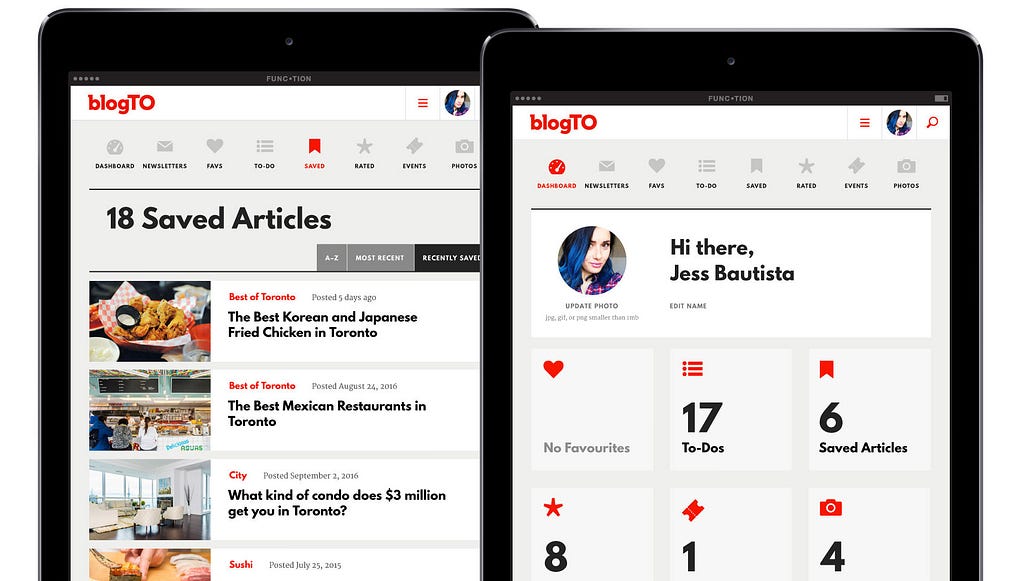 Digital product UX/UI design for BlogTO’s web app shown on iPad devices