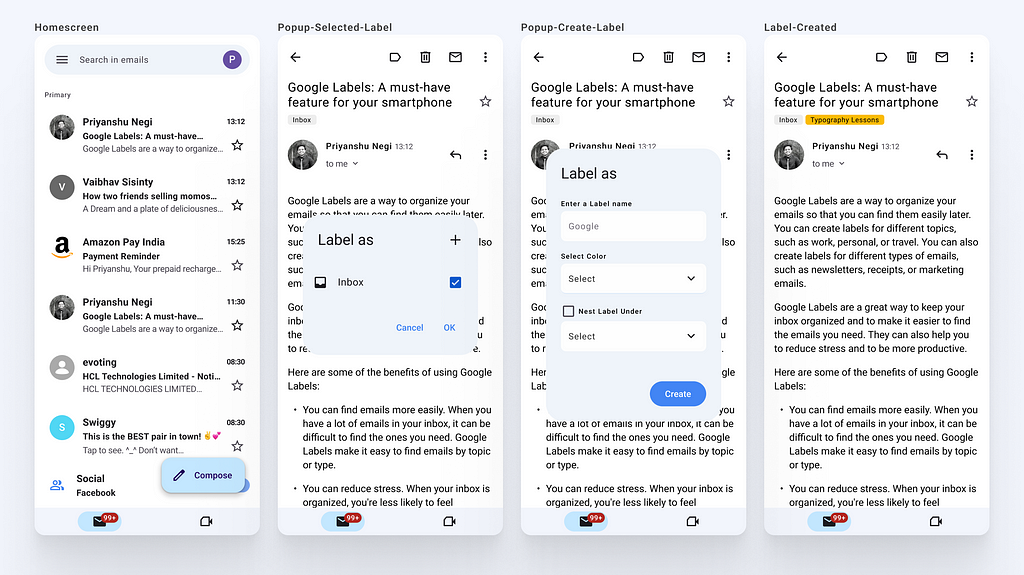 Final design screens featuring icons, typography, color palette, and components, along with a user-friendly solution for creating labels.