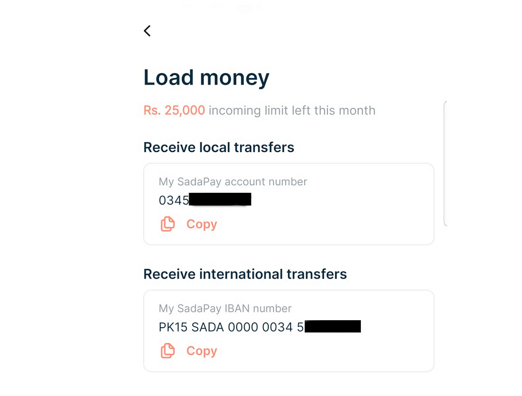 Bank Account details on SadaPay App | From Blog written on SadaPay — Financial freedom, the Sada way by Umer Farooq, CTO MRS Technologies