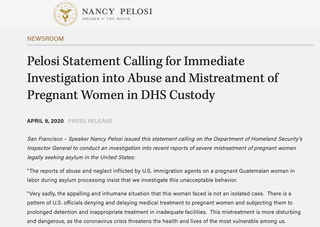 A screenshot of Speaker Pelosi’s web page with a press release.
