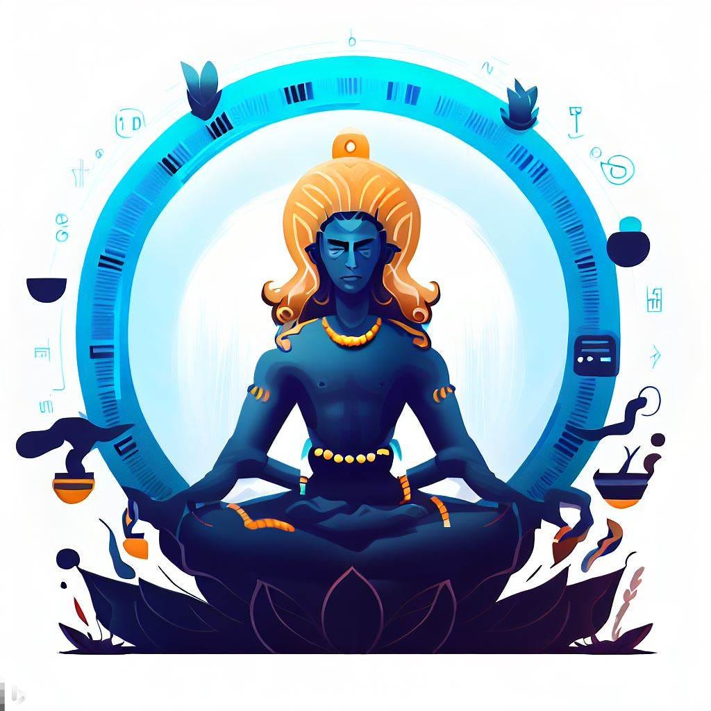 illustration of Bhagiratha meditating, symbolizing patience and dedication. Paired with this, a time-lapse animation of a UX designer meticulously refining an interface over time, signifying the virtue of patience and the iterative design process.