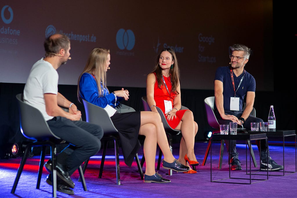 Panel with Dörte Hirschberg (Climentum Capital), Danijel Višević (World Fund), Daria Saharova (World Fund), and Christian Kroll (Ecosia)