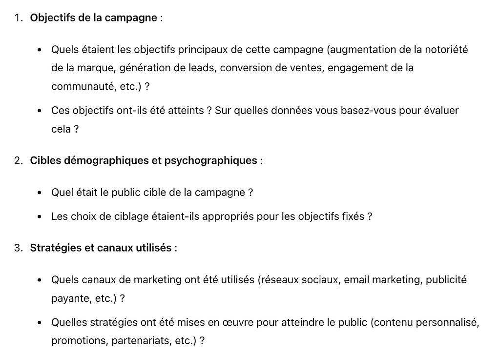 Image illustrant un prompt sur ChatGPT pour analyser une campagne marketing