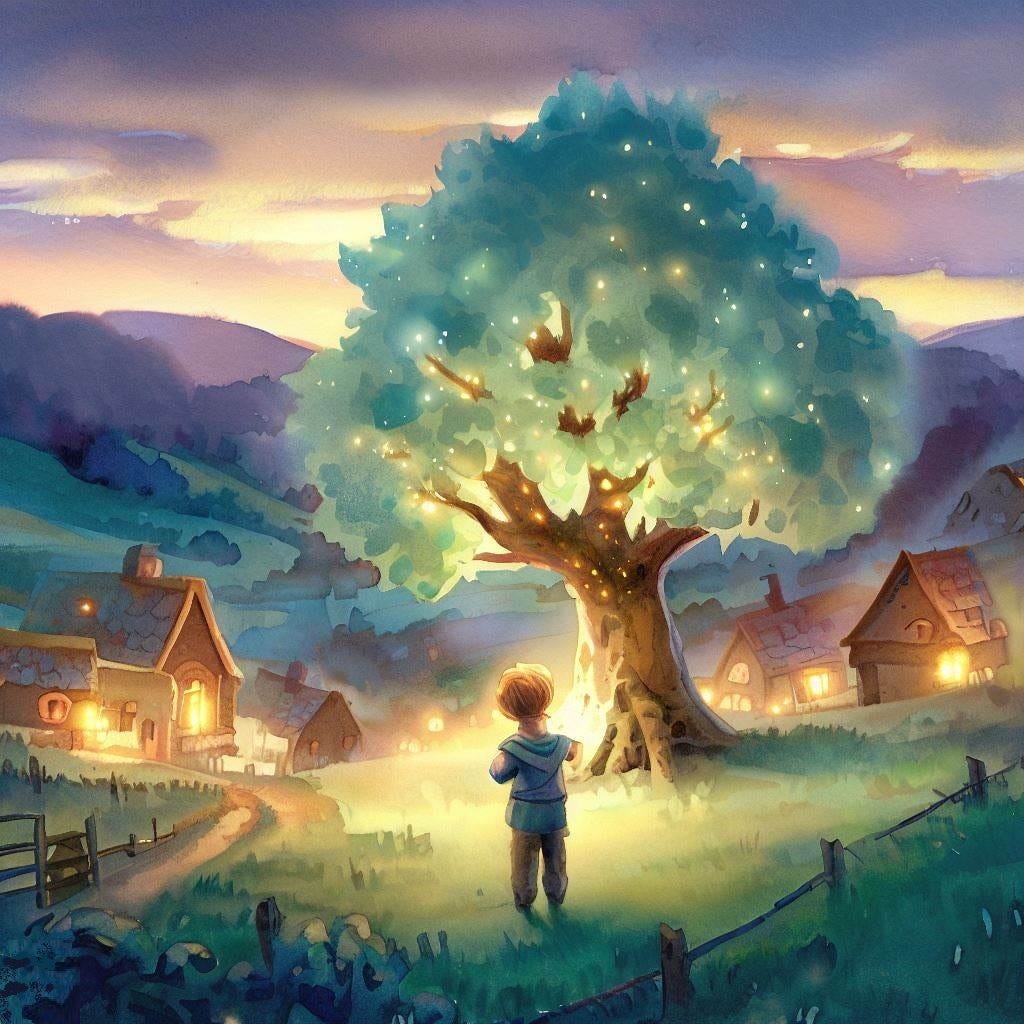 A boy looking at a tree full of fireflies