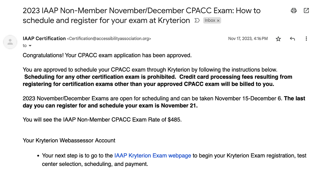 Image showing Gmail from IAAP explaining my application for the exam was approved & the next steps to schedule the exam.