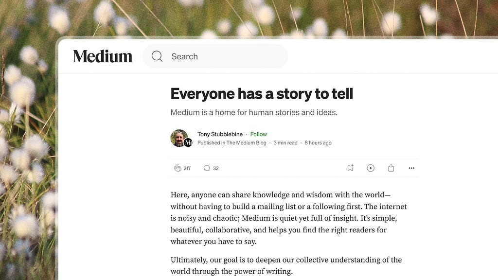 A mocked-up screenshot of a Medium story page, featuring “Everyone has a story to tell” by Tony Stubblebine.