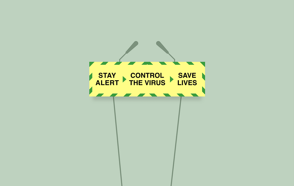 An illustration of a yellow and green podium placard reading “Stay Alert. Control the Virus. Save Lives”.