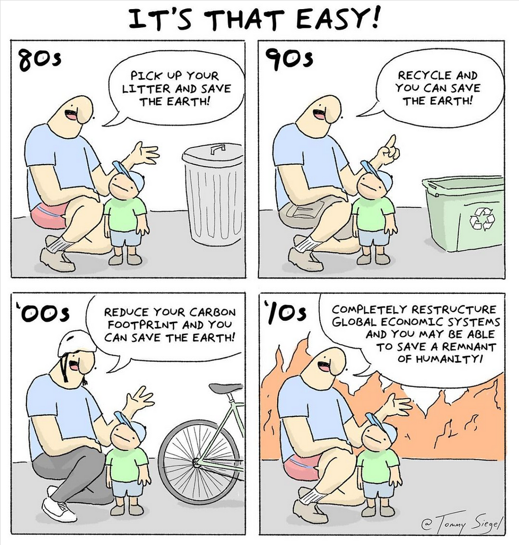 Cartoon with four boxes: 1. 80s dad explaining littering to son. 2. 90s dad explaining recycling to son. 3. 00s Dad explaining carbon footprint to son. 4. ’10s Dad saying ‘completely restructure global economic systems and you may be able to save a remnant of humanity!.