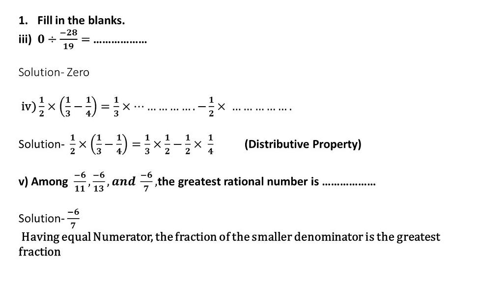 Fill in blanks on rational numbers questions