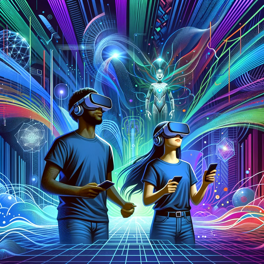 Digital art image of a couple with VR goggles entering cyberspace and being ensconced by the digital world