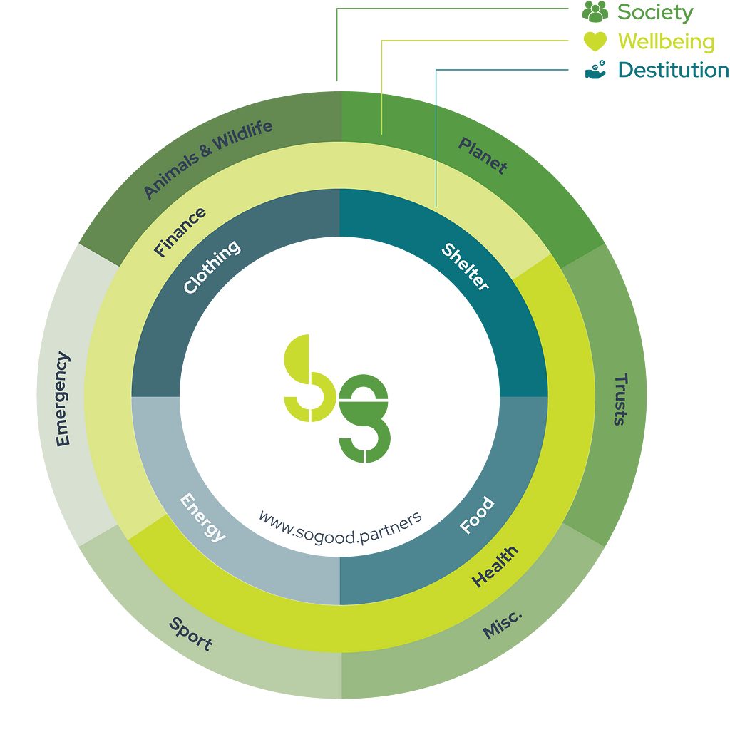 A graphic representing the SoGood Lens — which categorises the charity sector into three general bands shown as three consentric circles.