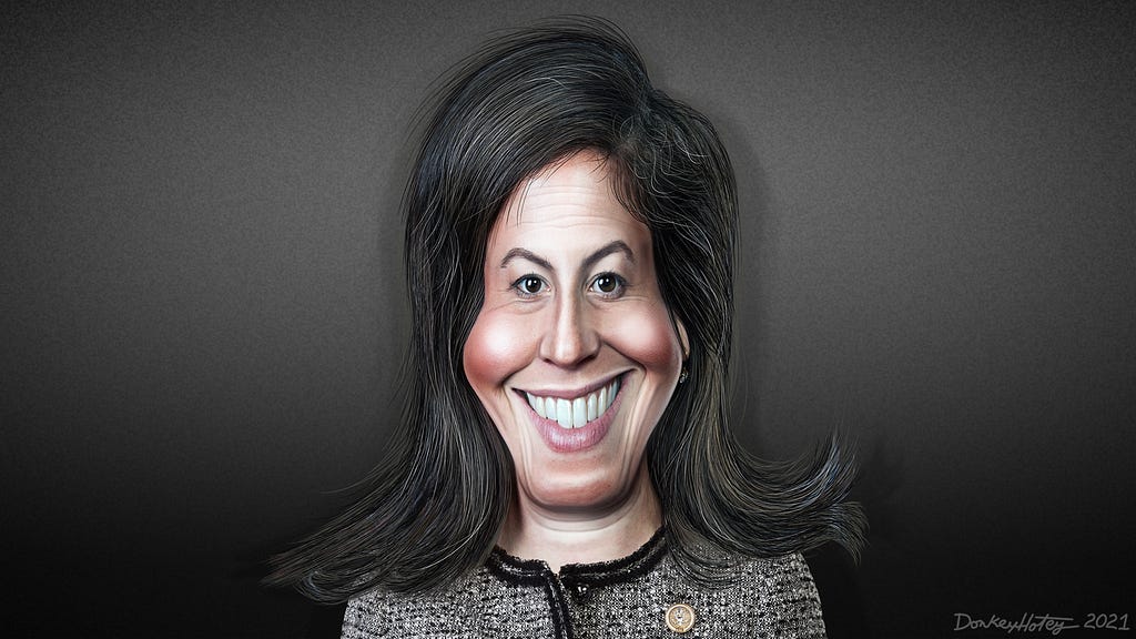 Caricature of Congresswoman Elise “I’d roll in dead fish for Donald” Stefanik.