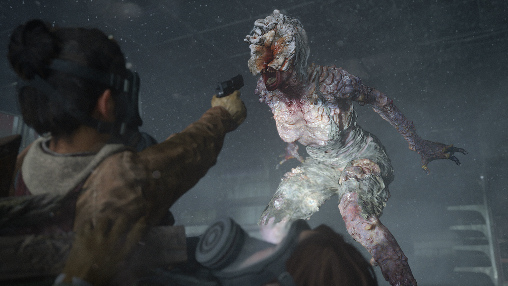 To the left, a women with a gas mak is seen lying on her back ready to shoot on a infected zombie screaming at her (center).