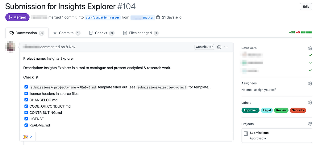 Screenshot of an internal submission for a project that would be open sourced (Insights Explorer). It shows GitHub’s Pull Request view where the author describes the submission and ensures the items in the checklist have been met. On the right there is a list of reviewers and the labels used for tracking progress of the submission (Review, Security, Legal, Approved).