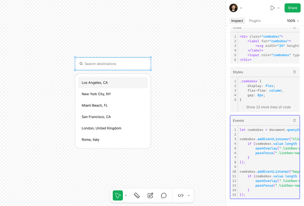 A view of a mobile contact page in Dev Mode, with an “email input” layer selected. In the properties panel are code snippets with the correct semantic html, css using the layer’s name as a class, and a highlighted section for interactions translated into real JavaScript event and behavioral functions.