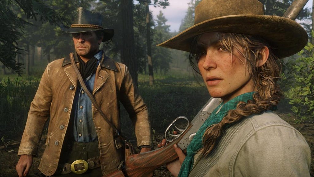 A screenshot from the Red Dead Online video game showing characters Arthur Morgan and Sadie Adler.