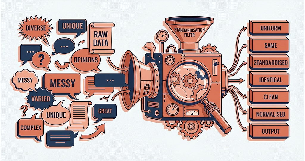 Illustration of a machine labelled “Standardisation Filter” with a globe visible through its central window. On the left, diverse speech bubbles and shapes enter the machine, labelled with words like “Diverse,” “Unique,” “Messy,” “Varied,” “Complex,” “Raw Data,” and “Opinions.” On the right, the machine outputs identical uniform blocks stacked neatly, labelled “Uniform,” “Same,” “Standardised,” “Identical,” “Clean,” “Normalised,” and “Output.”