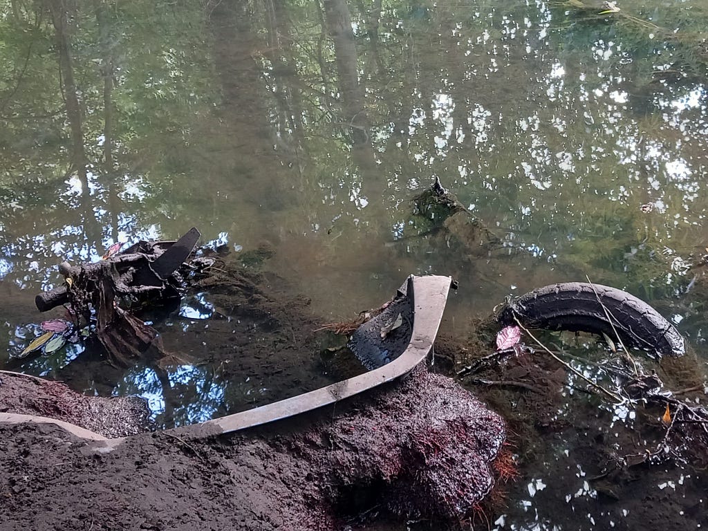 A dirty river polluted with tyres and mangled bits of metal washed up on the bank, and trees reflected in the water.