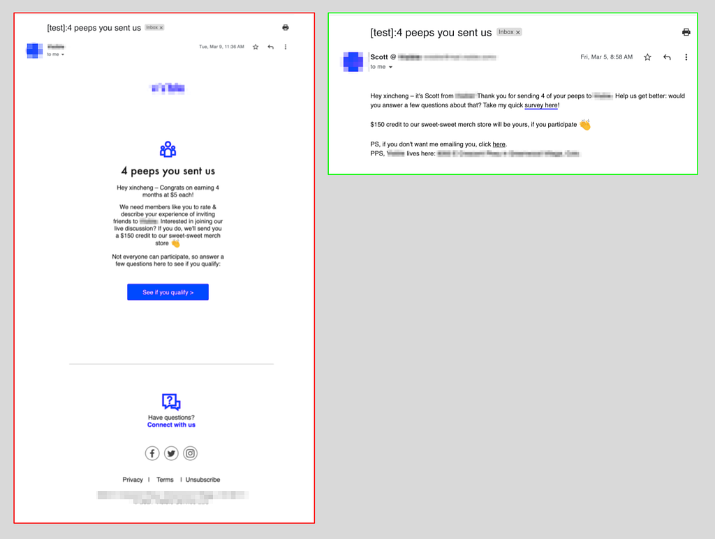 An A/B email test — one version heavily designed, one with just text