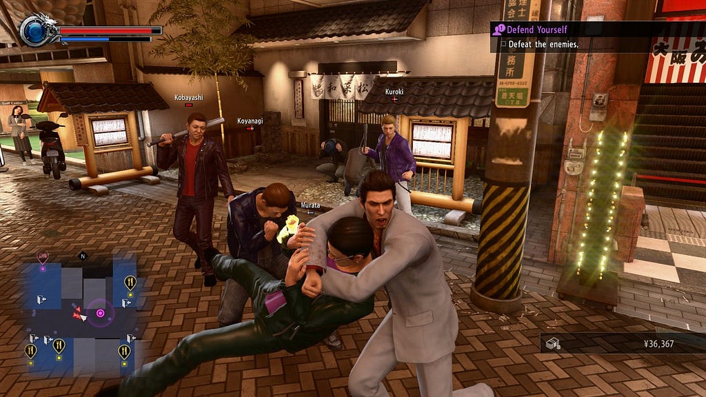 A picture of Kiryu throwing a man into other men
