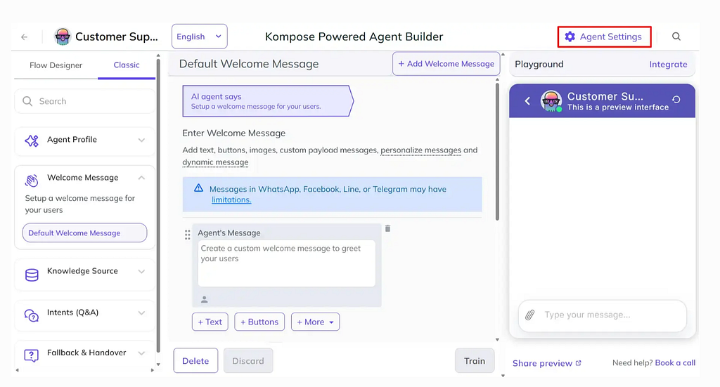 Set up Welcome message for the AI agent.