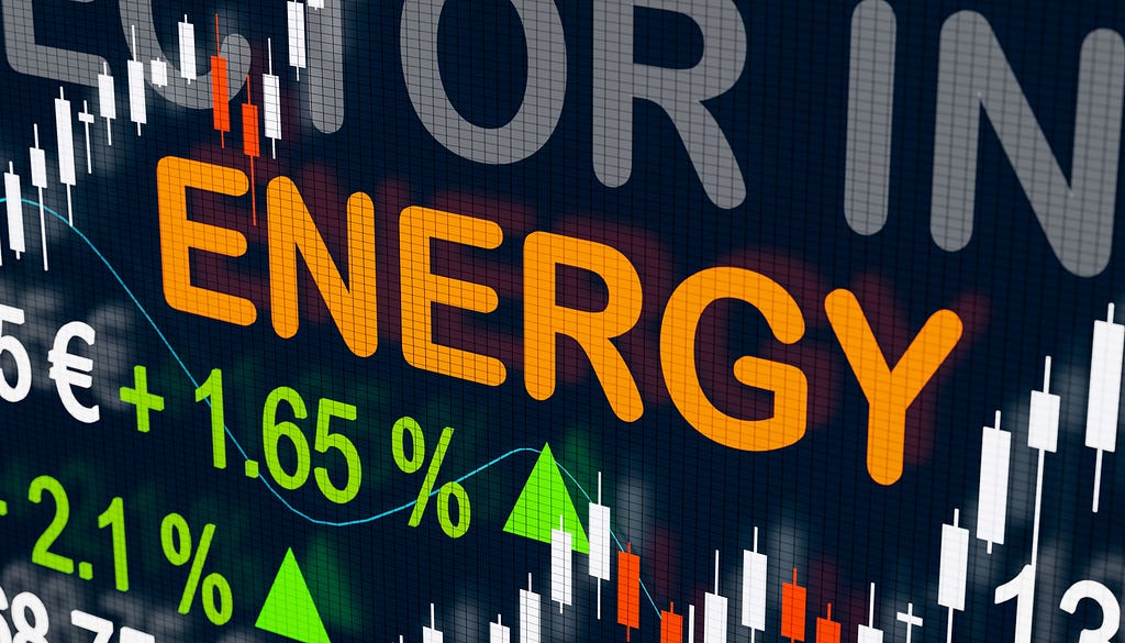 Stock Market Energy Index. Trading screen with a sector index for Energy, quotes, charts and changes. Stock exchange, sub index concept, 3D illustration.