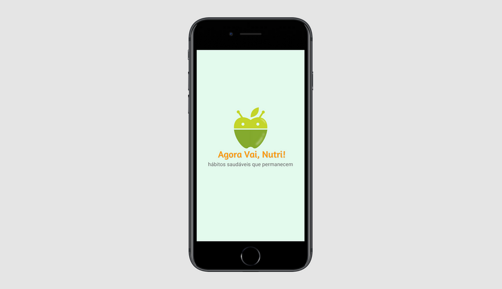 Celular com a tela de introdução do aplicativo “Agora Vai, Nutri!”, com ícone e slogan “Hábitos saudáveis que permanecem”