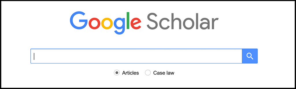 Screenshot of Google Scholar search interface: a white background with an empty search bar and the words ‘Google Scholar’ written above it.