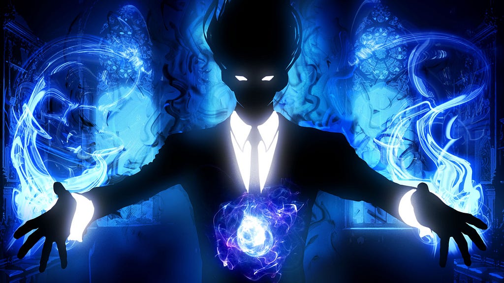Image: A silhouetted figure in luminescent white shirt and cuffs under their black jacket, hands outspread as their glowing eyes regard a ball of blue and purple ether floating before them.