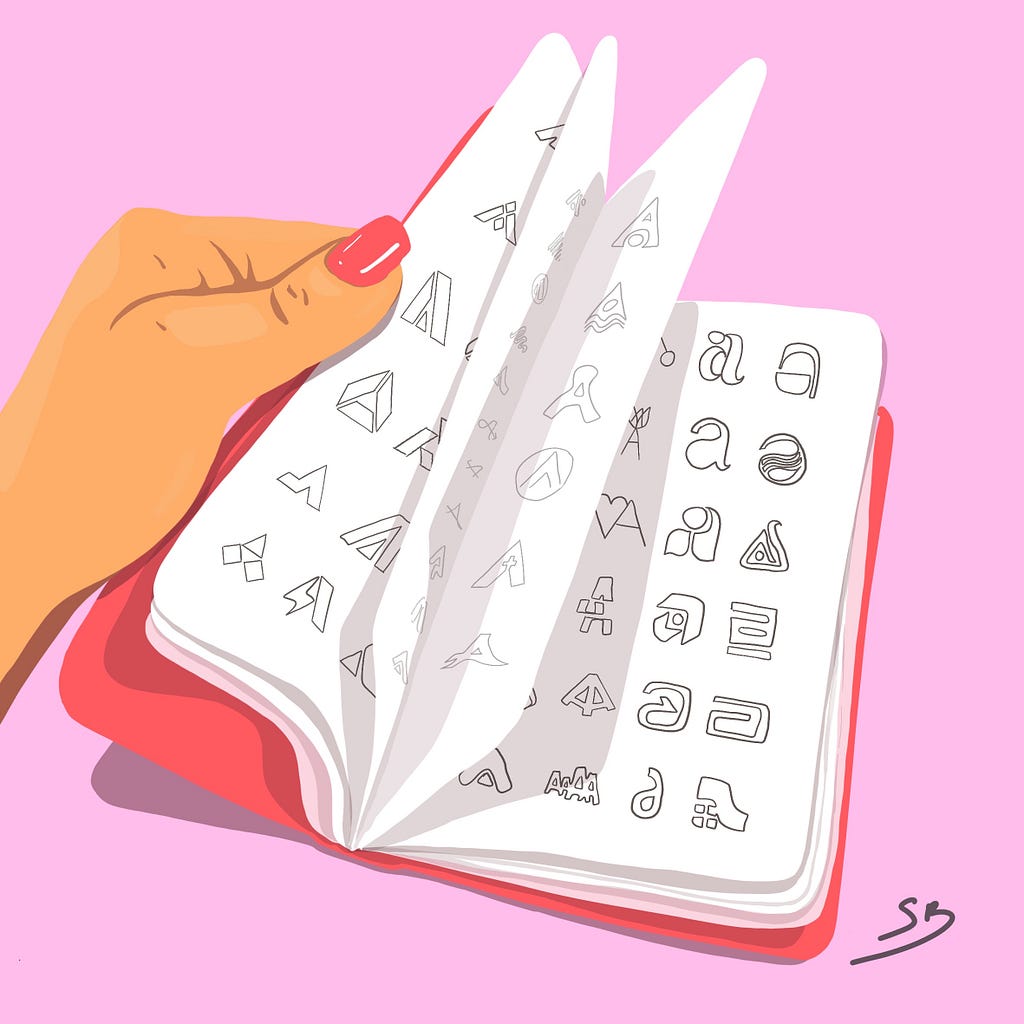 Drawing of a pink book with pages full of logo designs