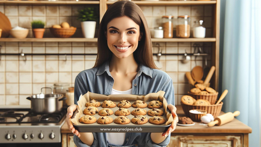A joyful woman presents a tray of freshly baked chocolate chip cookies in a warm, inviting kitchen. Baking ingredients and tools are scattered around, creating a celebratory atmosphere of baking success.