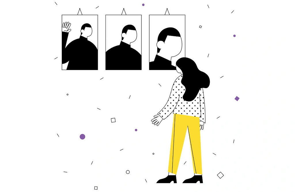 The image showcases three monochrome portraits hung side by side. The leftmost portrays a person waving. The center and right images depict face-forward and side-profile views, respectively. In the foreground, a woman in a dotted shirt and yellow pants observes the rightmost portrait, amidst scattered shapes.