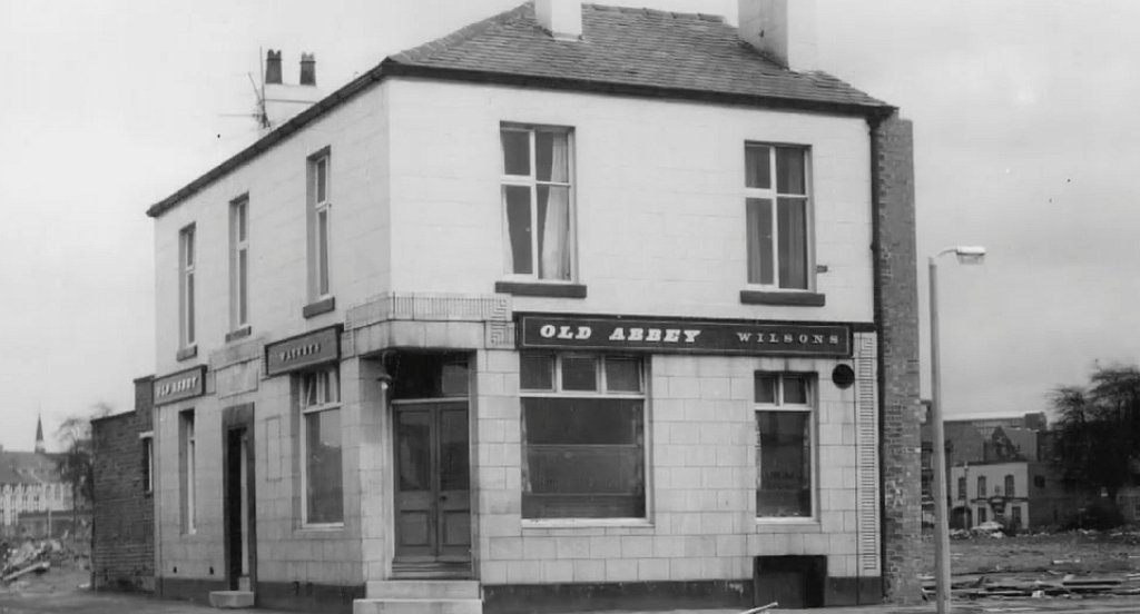 Black-and-white photograph of the Old Abbey Taphouse.