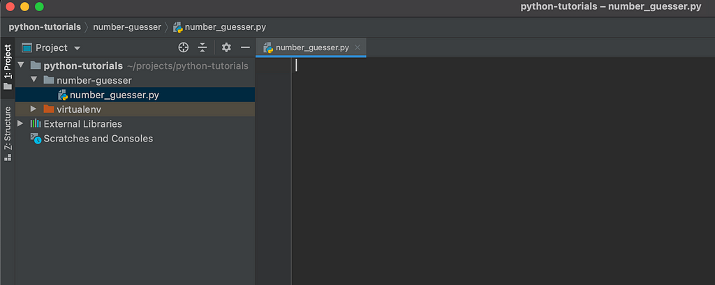 PyCharm IDE with the number_guesser.py file opened.