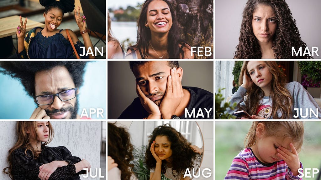 Meme with a monthly calendar grid of people changing their moods from excitement in January, to exhaustion by September.