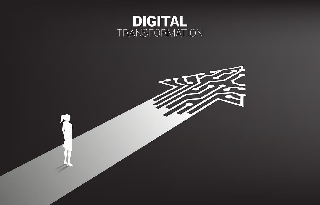 Silhouette of businesswoman standing on the way with dot connect line circuit. concept of digital transformation of business.