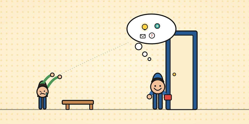 A cartoon office. On the right, a man walks out a door with a briefcase and a big thought bubble of his ideas (lightbulb, gear, envelope, question mark) floating away with him. On the left, a junior worker by a desk reaches up toward the departing bubble with a worried, teary face and can’t reach it.