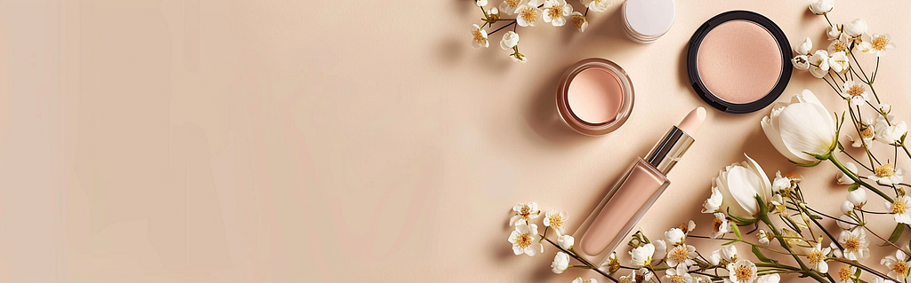 top view of Makeup items on a light beige background, minimal, elegant and feminie design, with flowers beside