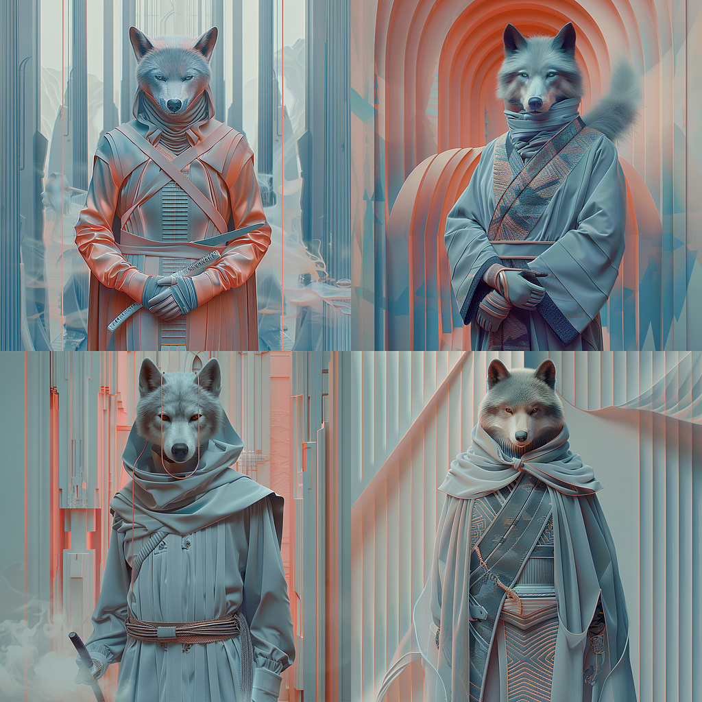 Anthropomorphic wolf in pale orange and blue style