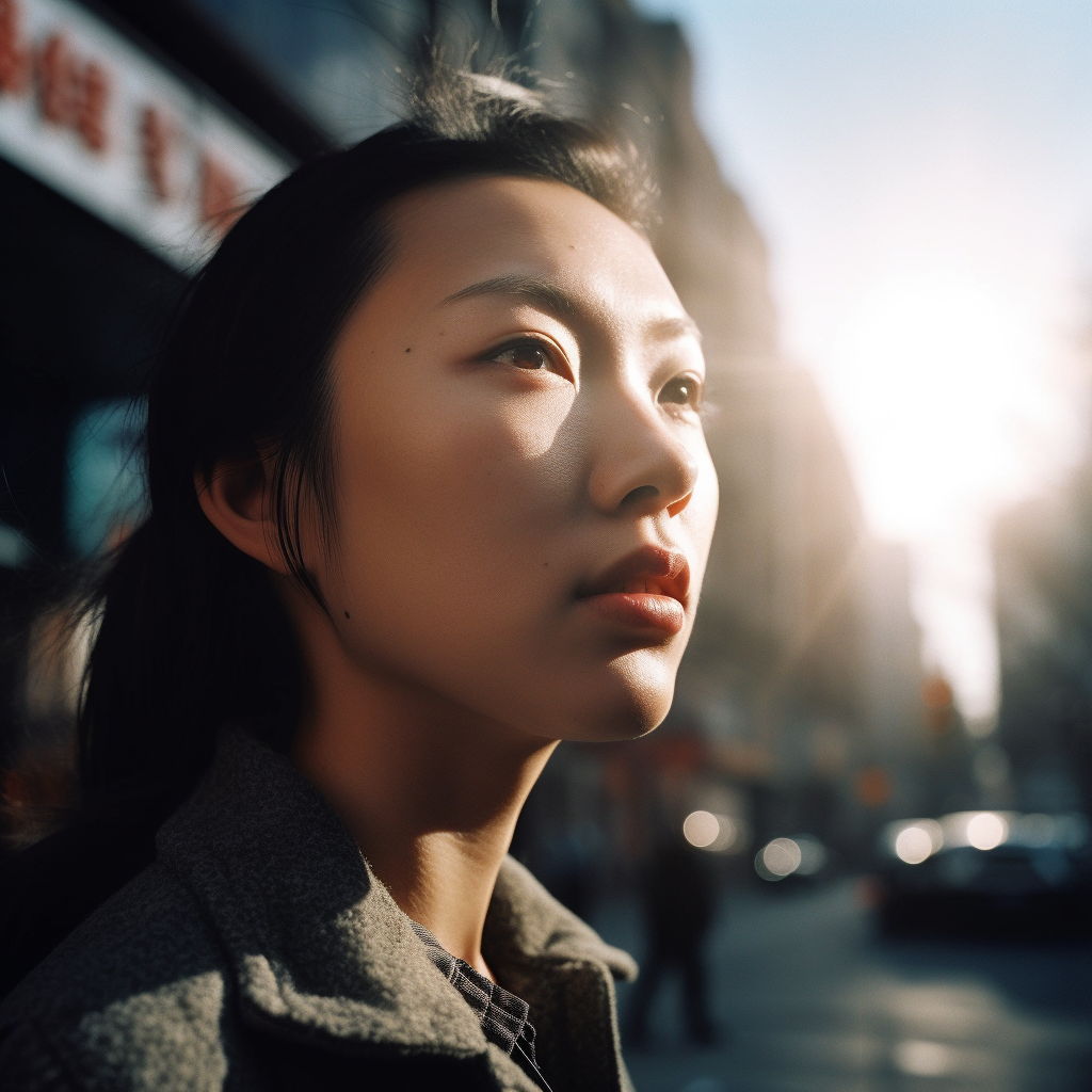 AI-generated image of a woman’s face on a city street with bright daytime lighting, made using Midjourney