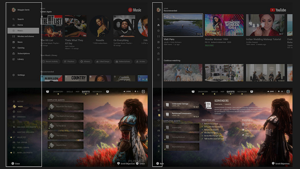 YouTube and Horizon Forbidden West interface with side navigation menu.