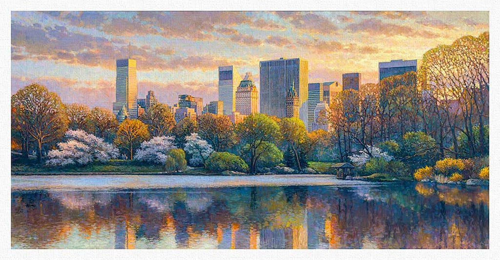 Central Park Lake oil painting by Roustam Nour