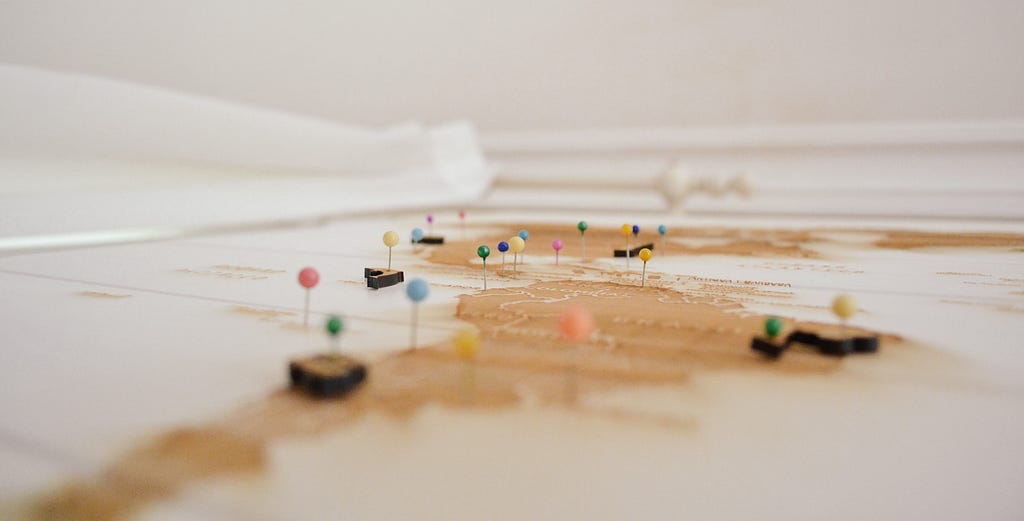 Pins placed on a map, marking places