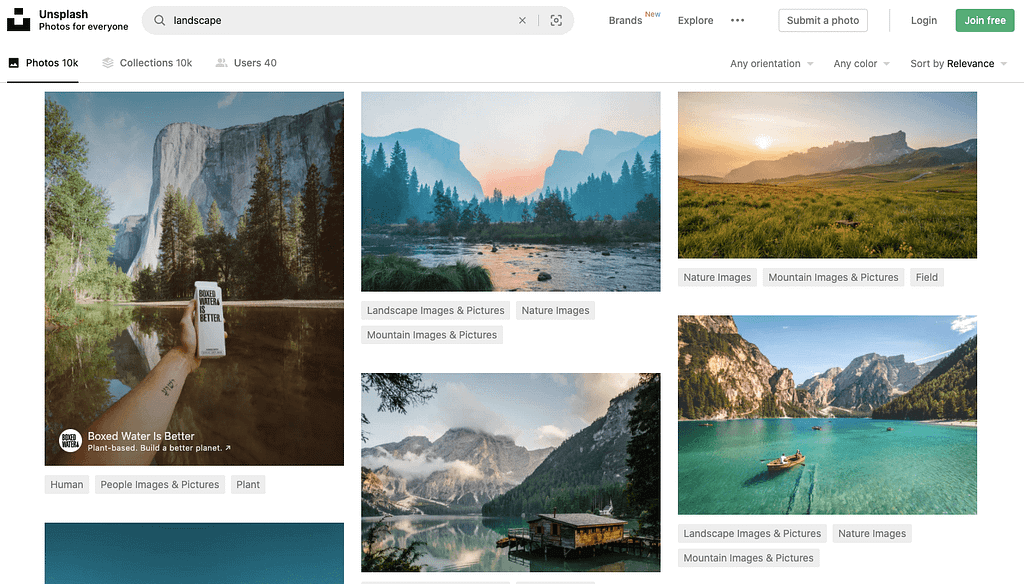 A screenshot of Unsplash, a platform with free high quality pictures