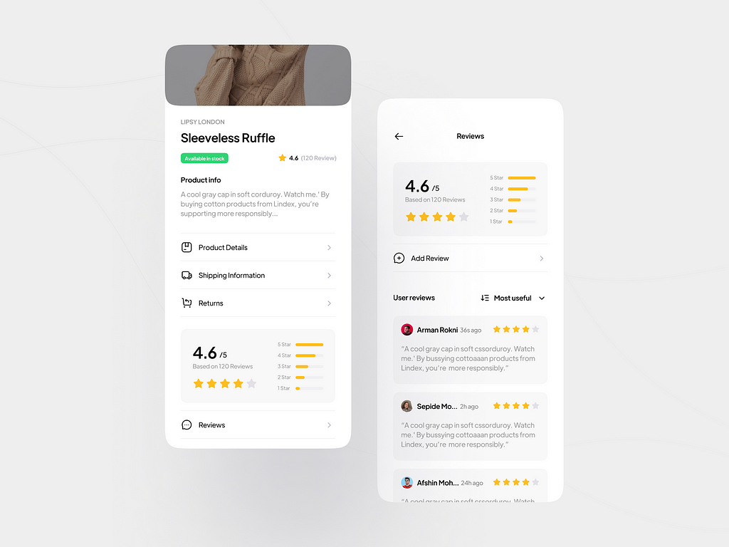 A mobile app UI design screen, in which customers left ratings on an e-commerce product. This image highlights the reviews on screen.