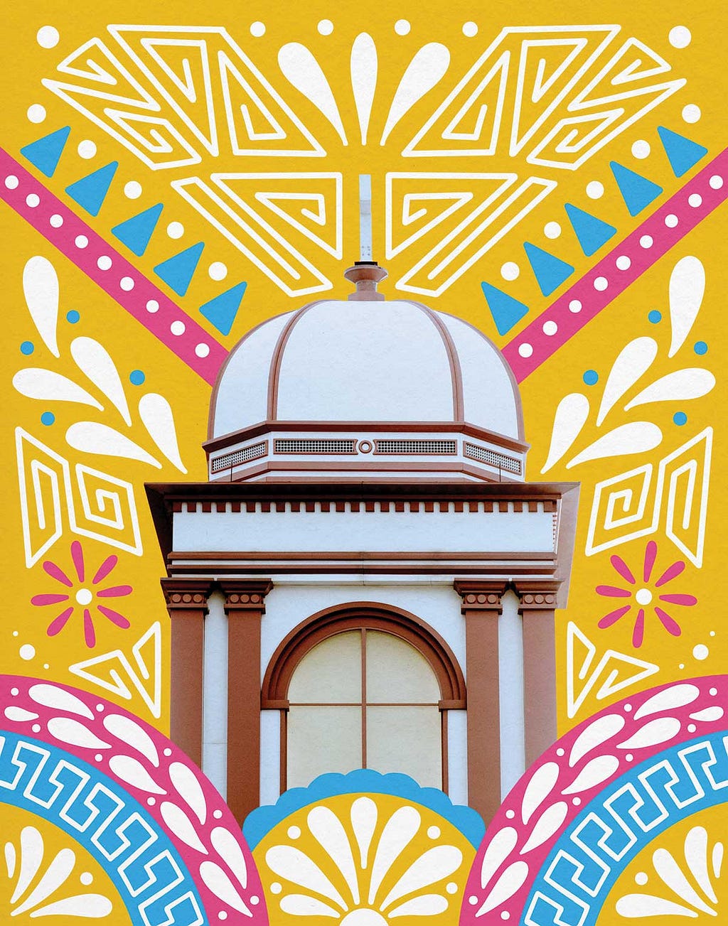 image of main hall cupola with colorful, geometric mexican-style pattern illustrations radiating outward