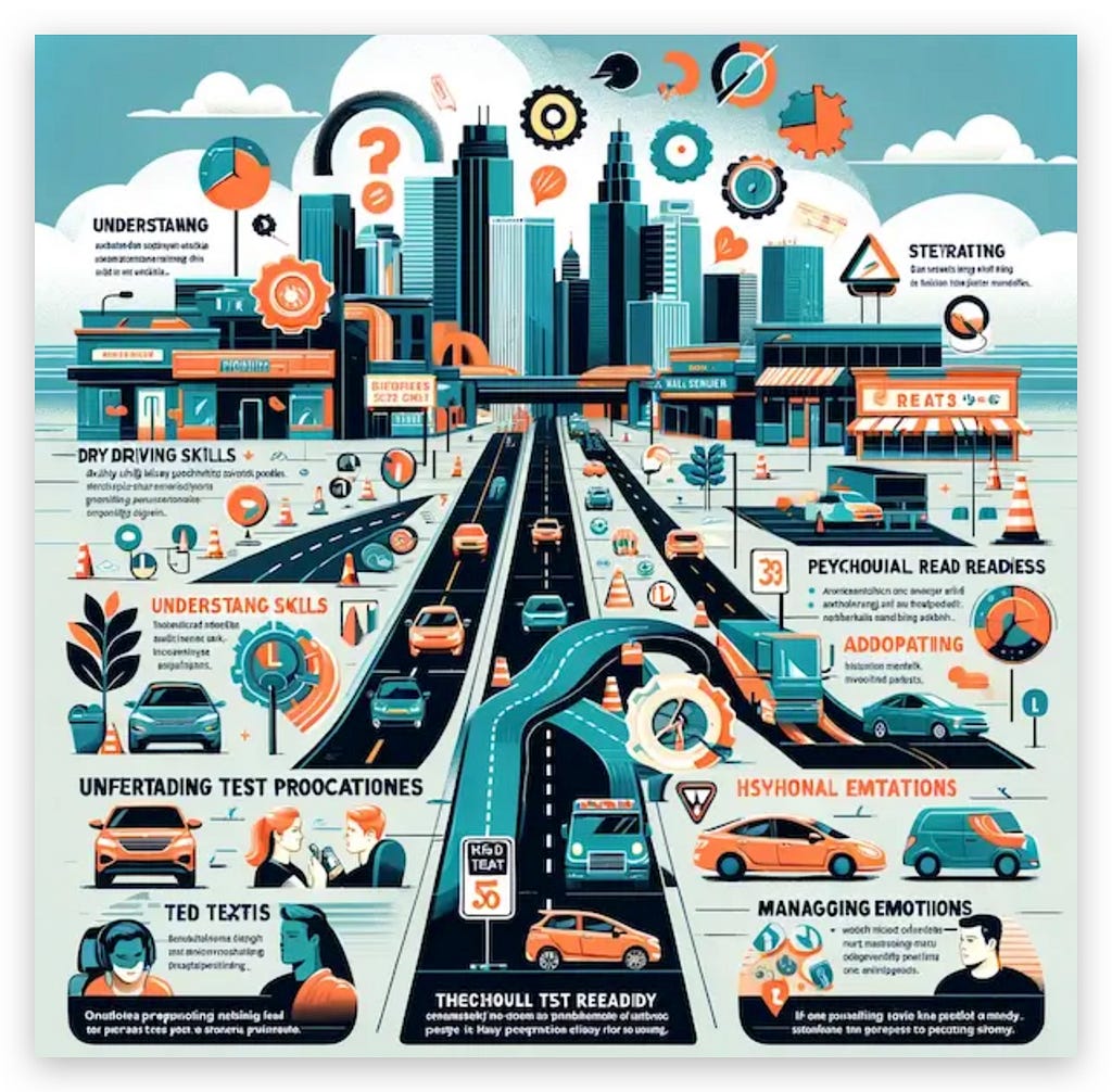Infographic illustrating the importance of road test preparation, showcasing the blend of driving skills and psychological readiness required, and highlighting the diverse traffic conditions and challenges in the Greater Vancouver area.